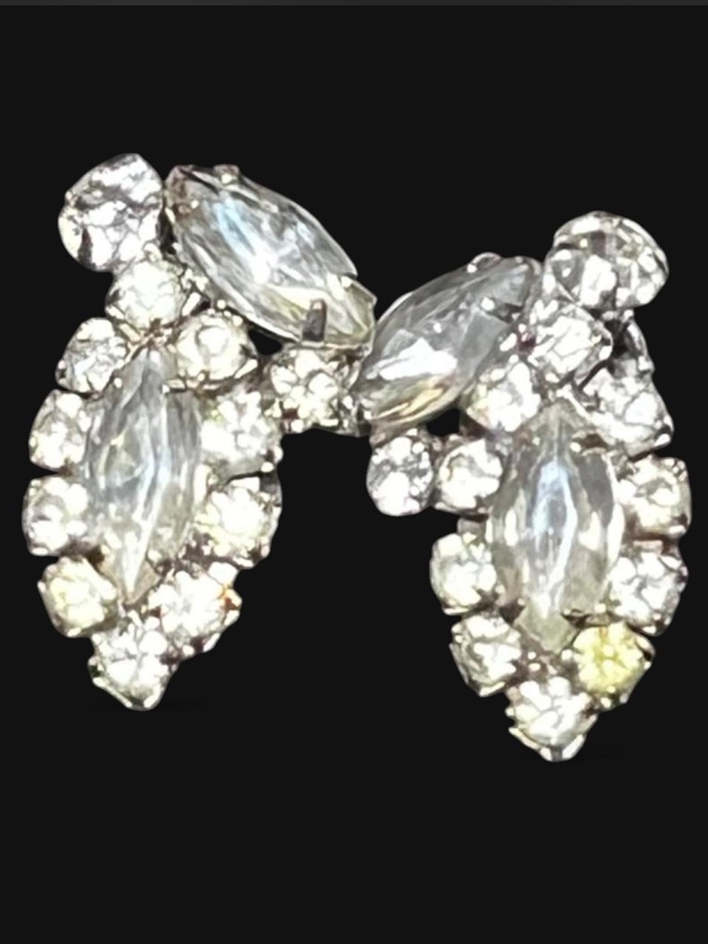 Vintage Crystal Rhinestone Marquise Cluster Clip-On Leaf Silver Tone Earrings
